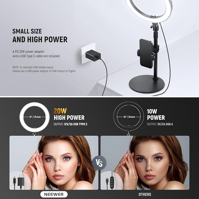NEEWER 10" 20W LED Ring Light with Desk Stand Phone Holder for iPhone Laptop, Bi Color 2900K-7000K, USB C PD Input, CRI97+ 1660LX/0.5m, Selfie Makeup TikTok Recording Video Conference Lighting, RH10B - Image 4