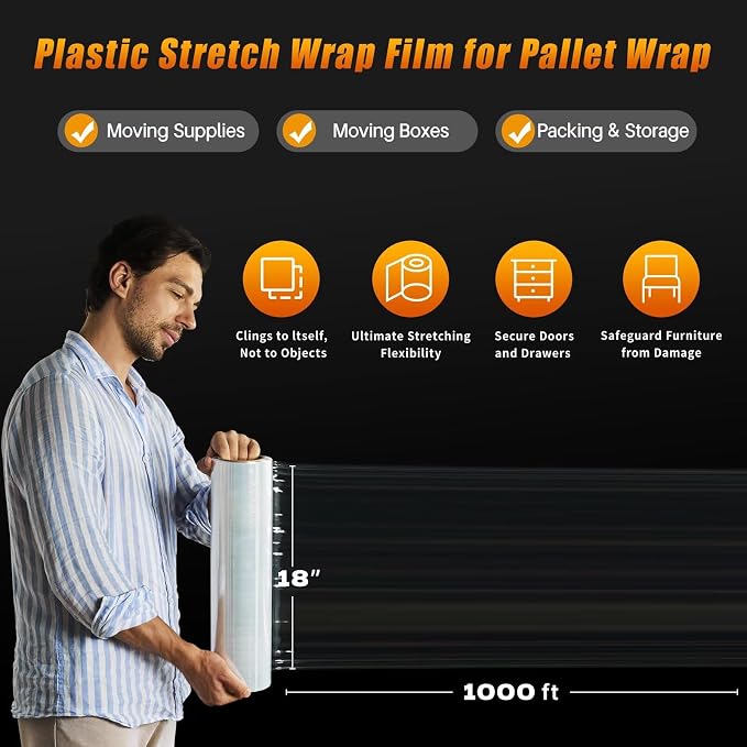 18 inch Stretch Film Shrink Wrap for Moving Supplies, 2 Pack Industrial Strength Stretch Plastic Wrap Roll for Pallet Wrapping Shipping Moving Boxes Storage Furniture,1000ft, Clear - Image 4