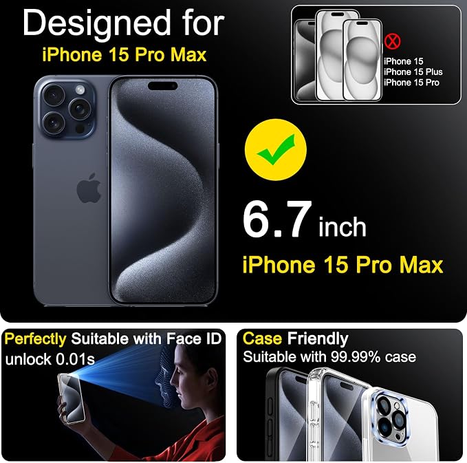 Ferilinso 3 Pack Screen Protector for iPhone 15 Pro Max, Tempered Glass | 9H+ Hardness, Military-Grade Shatterproof, HD Clear, Case Friendly, Easy Installation Bubble Free, with Camera Lens Protector - Image 2