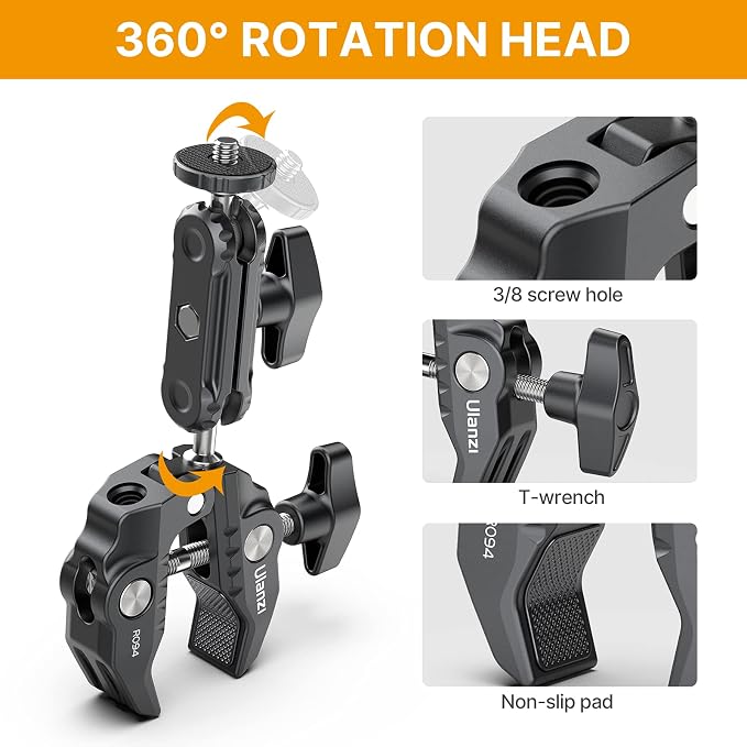 UURig R094 Super Clamp, Multi-Functional Camera C Clamp Mount | 1/4" Ball Head Monitor Mount 3/8" Hole Adjustable Video Shooting Compatible with DJI Pocket 3&4/Insta 360x5/Monitor/Light/Mic - Image 4