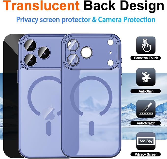 Magnetic for iPhone 17 Pro Max Case, Shockproof Cover, Light Blue | Full Camera Protector, with Privacy Screen Protector, Compatible with MagSafe, Translucent Matte, Military-Grade Protection - Image 2
