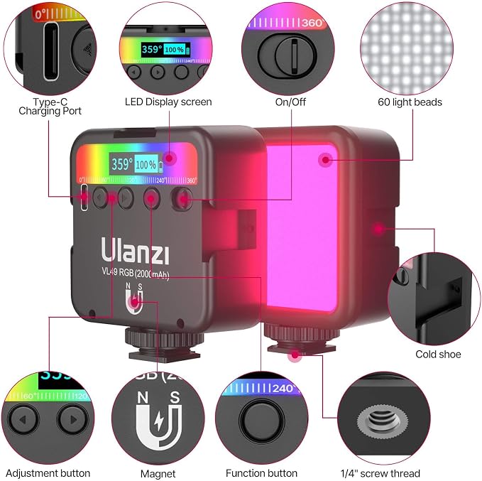 ULANZI VL49 RGB Video Lights LED Camera Light with 3 Cold Shoe & 1/4 Screw | 2500-9000K CRI 95+ 2000mAh Magnetic Rechargeable Small Camera Panel Fill Light for Photography, Content Creator, Streaming - Image 2