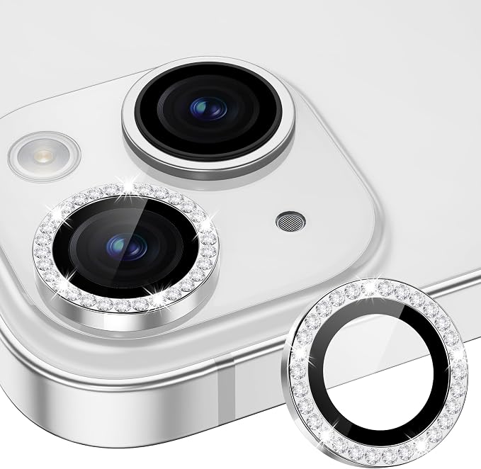 for iPhone 15/15 Plus Camera Lens Protector Bling Diamond, Silver | Individual Metal, 9H Hardness, Scratch Resistant, Shockproof, Drop Protection, Case Friendly, Stylish Accessories by Xfilm