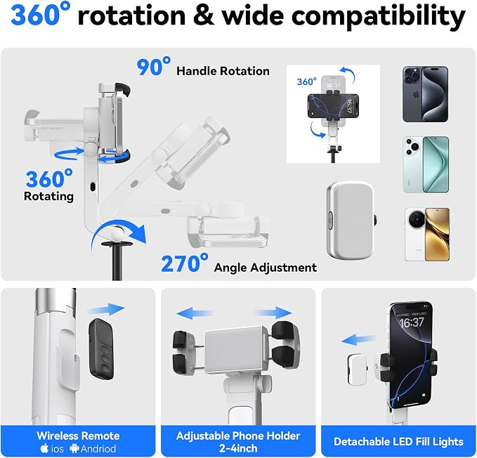 2026 Upgrade Auto Face Tracking Selfie Stick Tripod for iPhone with Light 360 °that Follows Your Movement 70.9" Phone Tripod Stand with Remote for Content Creator Vlog Live Stream Video Recording - Image 7