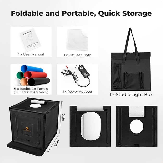K&F CONCEPT Photo Studio Light Box 20"x20" with 160 CRI 97 LED Lights | Portable Folding Shooting Tent 3000K-5600K Dimmable & 6 Backdrops for Product Photography ZYRY09 - Image 7
