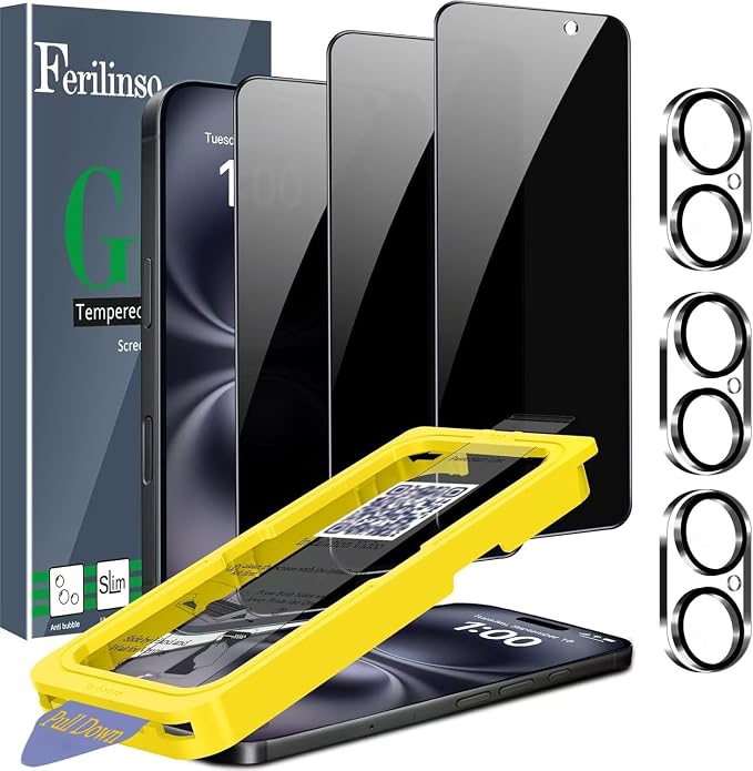Ferilinso 3 Pack Privacy Screen Protector for iPhone 16, Tempered Glass | 9H+ Hardness, Military-Grade Shatterproof, Case Friendly, Easy Installation Bubble Free, with Camera Lens Protectors by Ferilinso
