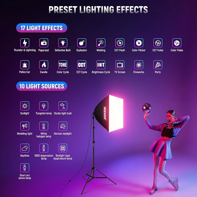 NEEWER RGB Softbox Lighting Kit with App Control & 9 Effect Modes, 2 Pack 26W FCC/IC/UL Certified LED Bulbs CRI93+ TLCI98+, E26 Porcelain Sockets, 24" Softboxes, for Studio Photography Lighting, NK800 | 9 Effects, 26W LED Bulbs, CRI93+, TLCI98+, E26 Po... - Image 6