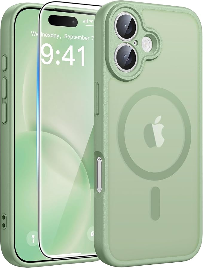 FNTCASE for iPhone 16 Case, Fit for Magsafe, Screen Protector, Light Moss | Full Camera Protection, Translucent Matte, 14FT Military Grade Drop Proof, Shockproof Protective Phone Cover by FNTCASE