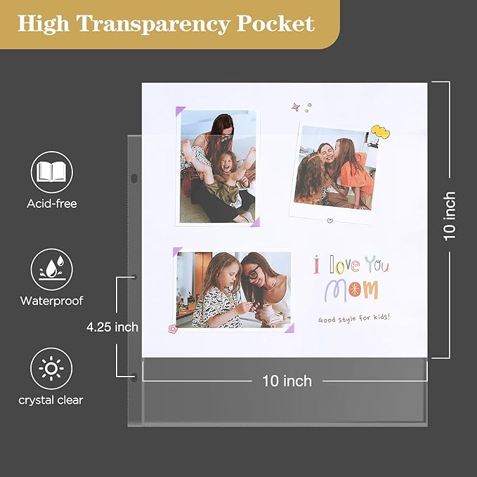 Mublalbum 10x10 Inch 3 Ring DIY Scrapbook Photo Album 80 Pages, Grey | 3 Ring Binder Scrapbook, Linen Cover, 40 Plastic Sleeves 80 Pages, Memory Book for Wedding, Baby, Family, DIY Projects - Image 4