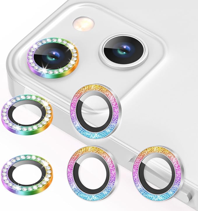 AGVEE 3+3 6 Pack for iPhone 13 & Mini Camera Lens Protector Cover | Individual Bling Diamond & Bling Glitter Sparkle Cute Gem Metal Ring, 9H Tempered HD Glass by AGVEE