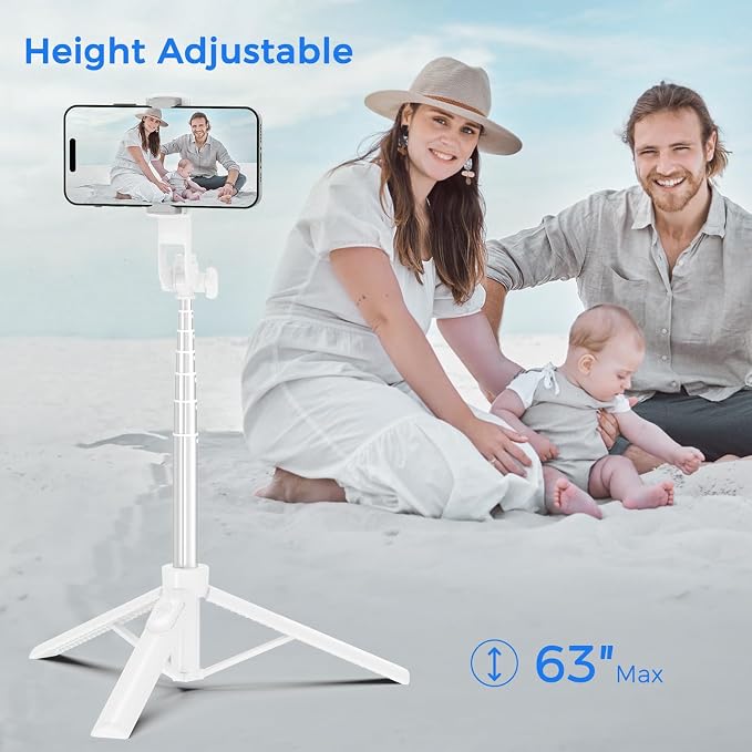 Selfie Stick Tripod for Phone with Remote Control & Holder, 63 Inch, White | Extendable Selfie Stick Travel for iPhone, iPhone Tripod for Video Recording - Image 3