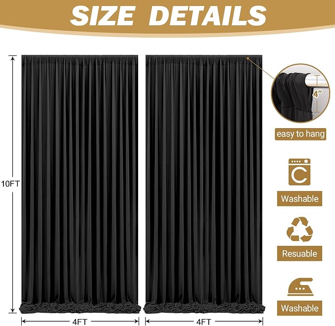 8ftx10ft Wrinkle Free Black Backdrop Curtain - 10 Feet Photography Backdrop Drapes, Silky Polyester Back Drop Cloth for Wedding Baby Shower Balloon Arch Background - Image 6