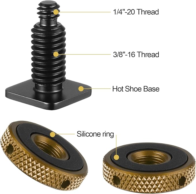 MINIFOCUS 4 Packs Camera Hot Shoe Mount Adapter, Double Nut with 1/4" and 3/8" Aluminum Alloy Tripod Screw Flash Shoe Mount for LED Monitors, Microphone, DSLR Field Monitor | Double Nut with 1/4" and 3/8" Aluminum Alloy Tripod Screw Flash Shoe Mount fo... - Image 2