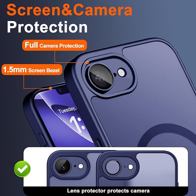 Magnetic for iPhone 17e Case & iPhone 16e Case, Blue | Full Camera Protection, Privacy Screen Protector, Compatible with MagSafe, Translucent Matte Shockproof Cover for 17 e 16 e - Image 5