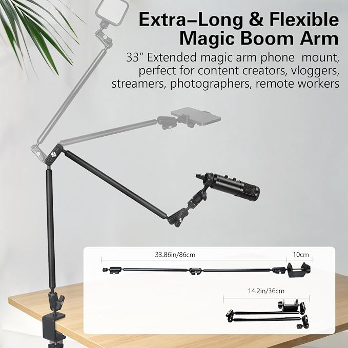 Desktop Clamp Magic Arm 33.84" Kit for Phone,DSRL Two-Stage Adjustable Flexible Arm, Overhead Camera Mount, Desk Phone Mount for Webcam, Action Camera, Mic,Video Light - Image 2