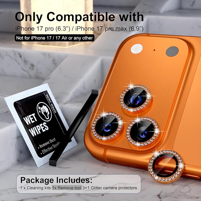 Choiche for iPhone 17 Pro/iPhone 17 Pro Max Camera Lens Protector | Ultra HD, Bling 9H Tempered Glass Camera Cover Screen Protector Metal Ring Decoration Accessories (Diamond-Orange) - Image 2