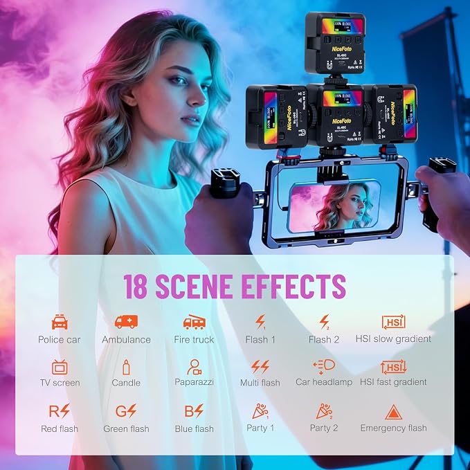 RGB Video Lights, Portable LED Camera Light with 3 Cold Shoe | 2500K-9000K, CRI 96+, 18 Scene Modes, 2000mAh Rechargeable, Magnetic, 1/4 Screw, for Photography, Vlogging, Content Creator ﻿ - Image 4