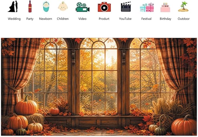 Autumn Fall Window Backdrop 20x10ft Rustic Wooden Arched Window with Pumpkin Maple Leaves Thanksgiving Harvest Photo Background for Party Decor Portrait Photography Booth Props Vinyl - Image 2