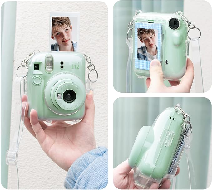 Rieibi Instax Mini 12 Accessories Gift Bundle: Clear Case with Strap, Photo Album, Selfie Mirror, Color Filters, DIY Stickers - Green - Image 2