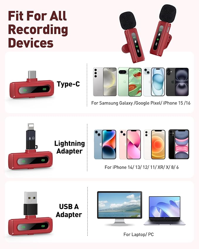 USB C Lavalier Microphone Wireless Mini Mic for Type-C Android Phone/Tablet/PC Video Recording Clip-on Mics with Rotatable Clip&Denoise Recording, Ideal for Vlog Tiktok Youtube Content Creator, Red - Image 5
