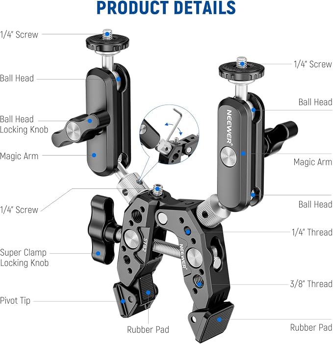 NEEWER Heavy Duty Super Clamp with Two 360° Dual Ball Head Magic Arms, 1/4" 3/8" Screw Threads, Phone & Action Camera Mount Adapter for Flat/Round Surface Compatible with GoPro DJI Insta360 DSLR - Image 8