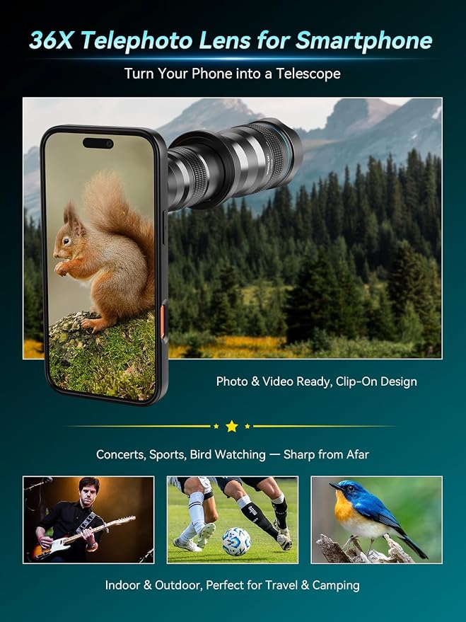 APEXEL 36x Telephoto Lens Compatible with iPhone 17 Pro Max | Photography for Travel, Birdwatching, Exploration | Kit with Sturdy Metal Tripod and Threaded Phone Case - Image 5