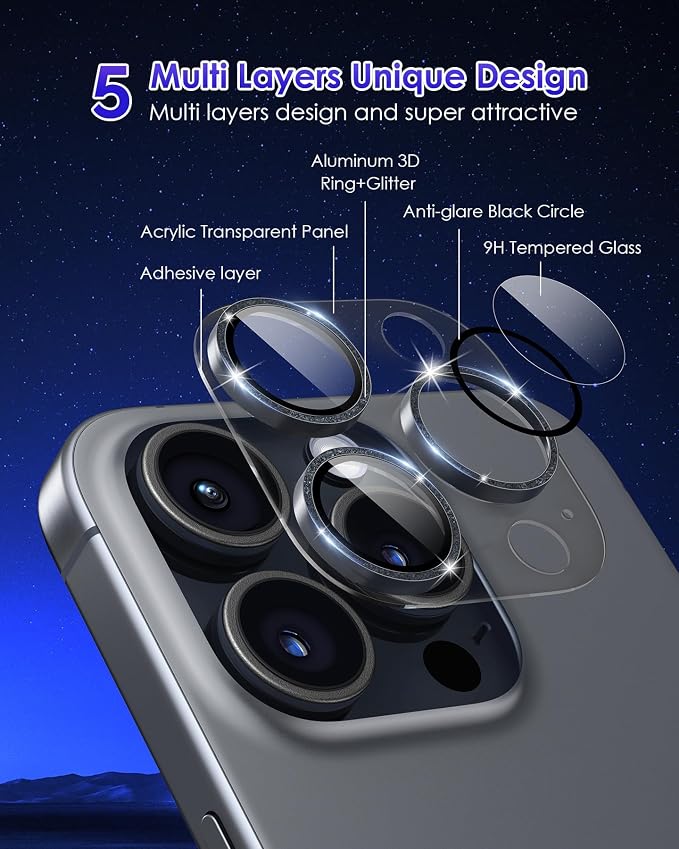 Compatible for iPhone 16 Pro Max/iPhone 16 Pro/iPhone 14 Pro/iPhone 14 Pro Max Camera Lens Protector Glitter, Clear 9H Tempered Glass Glitter Gray+Gray - Image 2