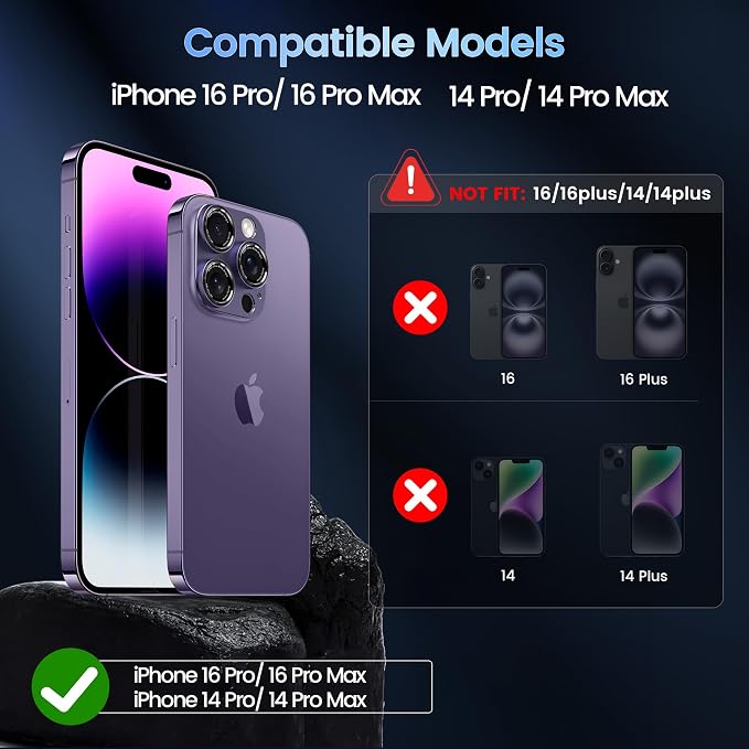 CACOE Metal Camera Lens Protector for iPhone 14/16 Pro/Pro Max Cover | Tempered Glass Cover, Anti-Scratch, Drop-Proof, Strong Adhesion, Camera Screen Cover Accessories, Dark Purple - Image 2