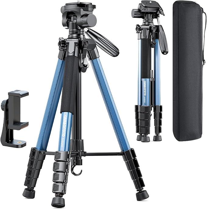 CAMBOFOTO 74″ Camera Tripod, 360° Aluminum Lightweight Tripod/Navy Blue | Heavy‐Duty Professional Tripod Stand for DSLR & Mirrorless Cameras/Smartphones/GoPro, with 360° Pan Head/Phone Mount by CAMBOFOTO