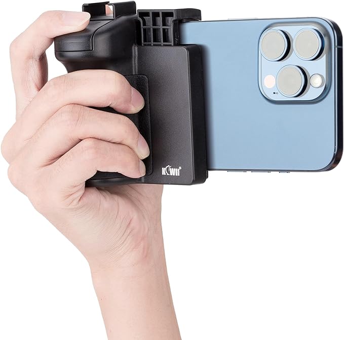 KIWIFOTOS Phone Camera Grip with Remote Shutter Cold Shoe Mount | Fits 2.3-3.3" phones inch. for iPhone 17 16 15 Pro S26 S25, vlog & selfie. Cold shoe for mic/light. 1/4" tripod thread. by KIWIFOTOS