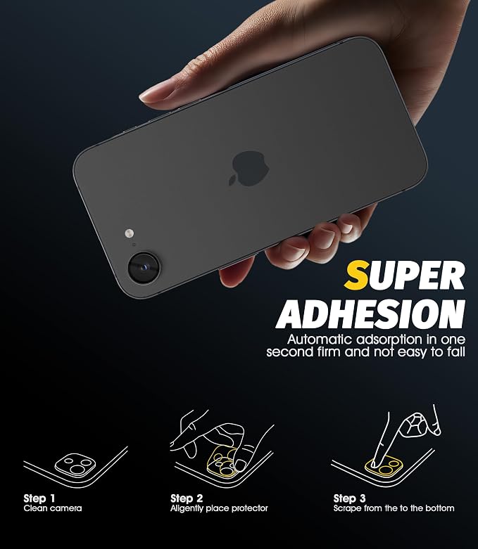 (3 Pack) Orzero Camera Lens Protector for iPhone 17e / iPhone 16e, [EZ Install] [Case-Friendly] 9H Tempered Glass CD Pattern Lens Cover Accessories, Military-Grade Shockproof, HD Clarity Anti-Glare - Black - Image 8