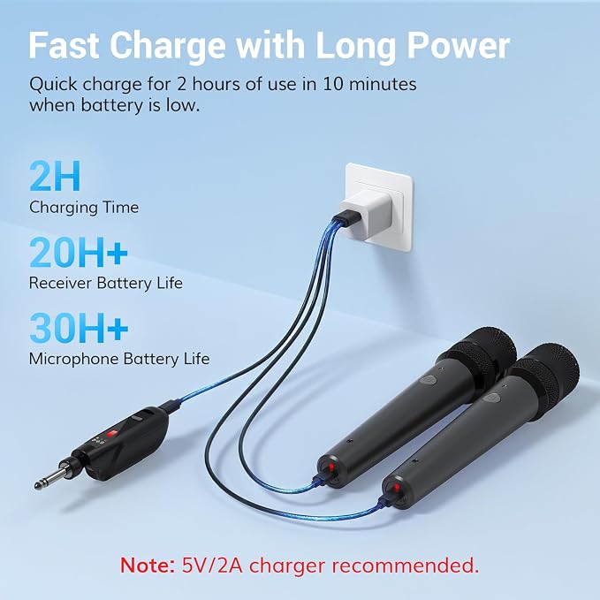 TONOR 2.4G Dual Wireless Microphones, Rechargeable Handheld Mic TW-220 | Cordless Microphones System with Receiver, Karaoke Mics for Singing, Home Party, Birthday, Church, Speech 50ft / 15 m Range - Image 3