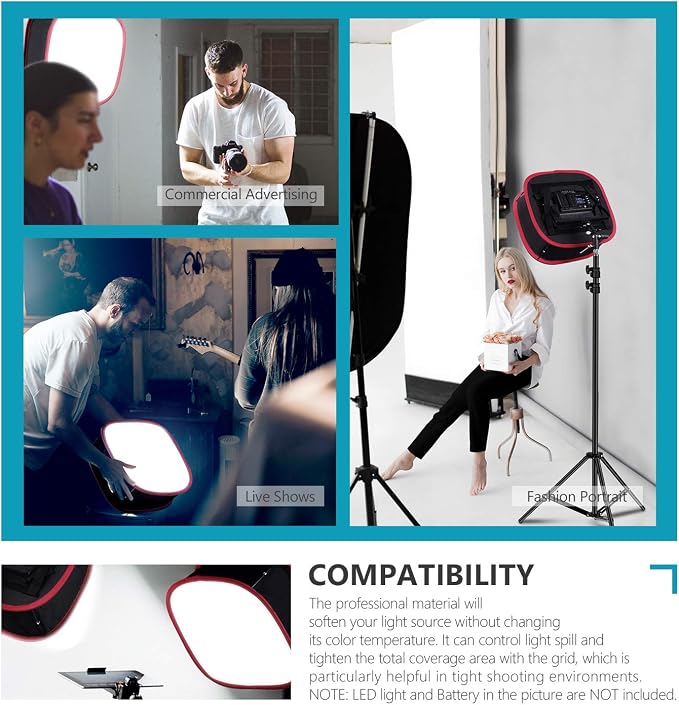 NEEWER Foldable Softbox Light Box with Strap Clip, Grill and Carry Bag | Compatible with NEEWER 480/660/530 LED Light Panels, Opening 9.3 x 8.3 in, Black + Red - Image 7