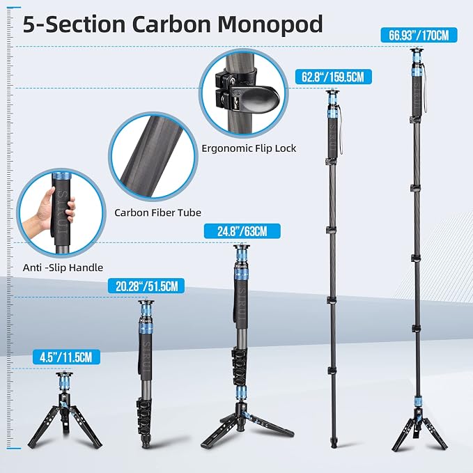 SIRUI P-325FL Carbon Fiber Monopod with Feet, 67" Professional Lightweight Travel Monopod for Camera, Max Load 22lbs, 360° Panorama, 5-Section, Quick Release Plate | 67' Professional Lightweight Travel for Camera, 360° Panorama, Max Load 22lbs, 5-Secti... - Image 5