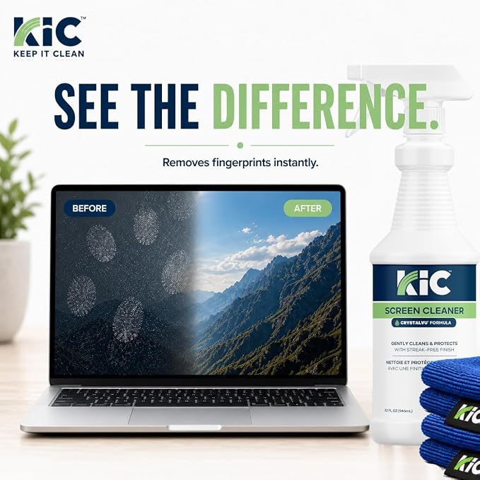 KIC CrystalVu Screen Cleaner Spray Kit (32oz) with 2 Microfiber Cloths | Streak-Free Cleaner, For TV, Phone, Laptop, Monitor & Tablet Screens, NSF Certified Safe Formula - K2-KCVZ1 - Image 5