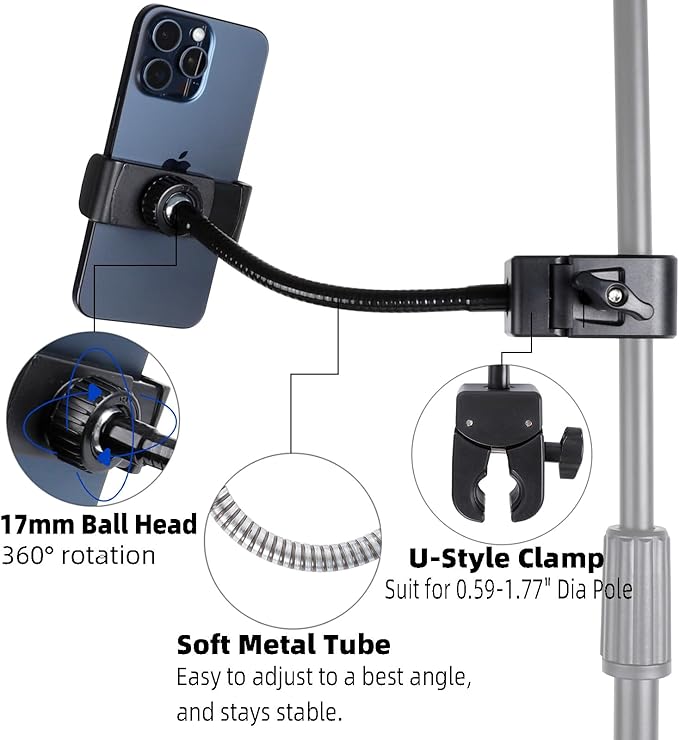 Mic Stand Phone Holder, Flexible Phone Mount with 7.9" Removable Gooseneck for Microphone Music Stand, 360°Adjustable Phone Holder for iPhone 16 Pro Max, 15 Plus, All Smartphones - Image 3