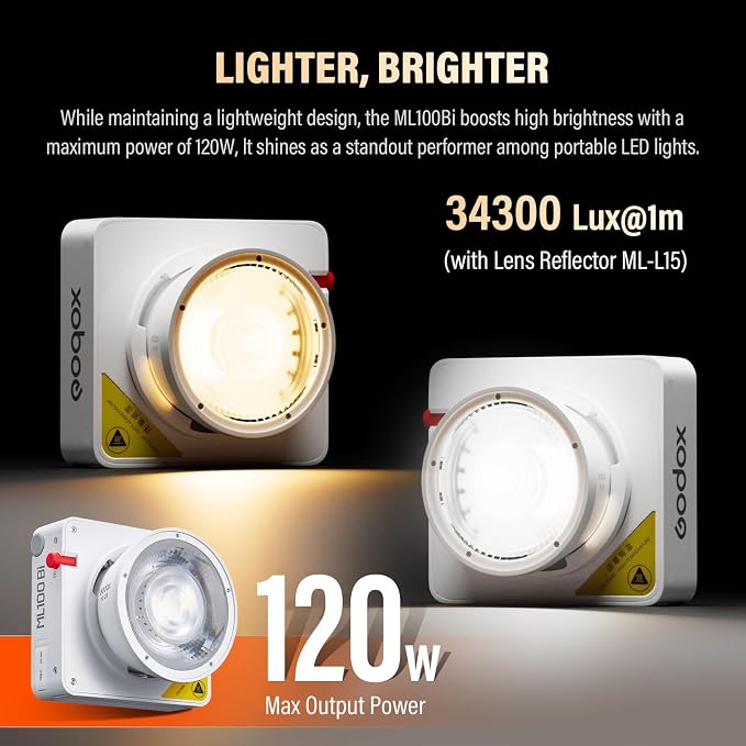 Godox ML100Bi 120W Portable LED Video Light 34300 Lux CRI 96+/TLCI 97+ | ML100 Bi Color COB LED Video Light 2800K-6500K 11 FX Effects for Filming Live Streaming Studio Photography - Image 5