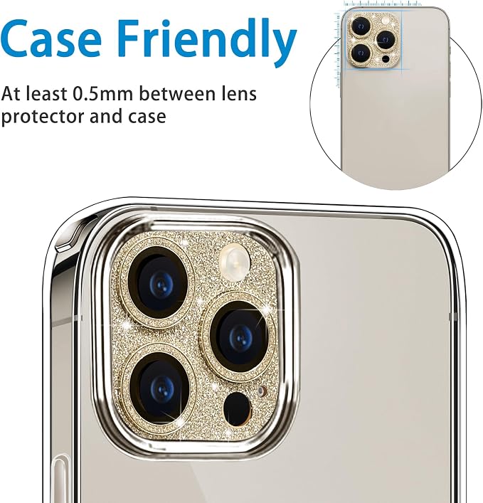 for iPhone 15 Pro & iPhone 15 Pro Max Camera Lens Protector, Bling 3D Rhinestone Diamond 9H Tempered Glass Camera Cover Anti Scratch Shockproof Lens Screen Full Protective Cover -Gold - Image 6