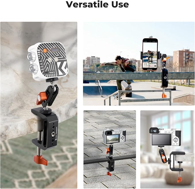 K&F CONCEPT Camera C-Clamp Mount with Double Ball Head Magic Arm | 360° Adjustable Clamp Desktop Mount, for Action Camera, Monitor, LED Light and Microphone - Image 5