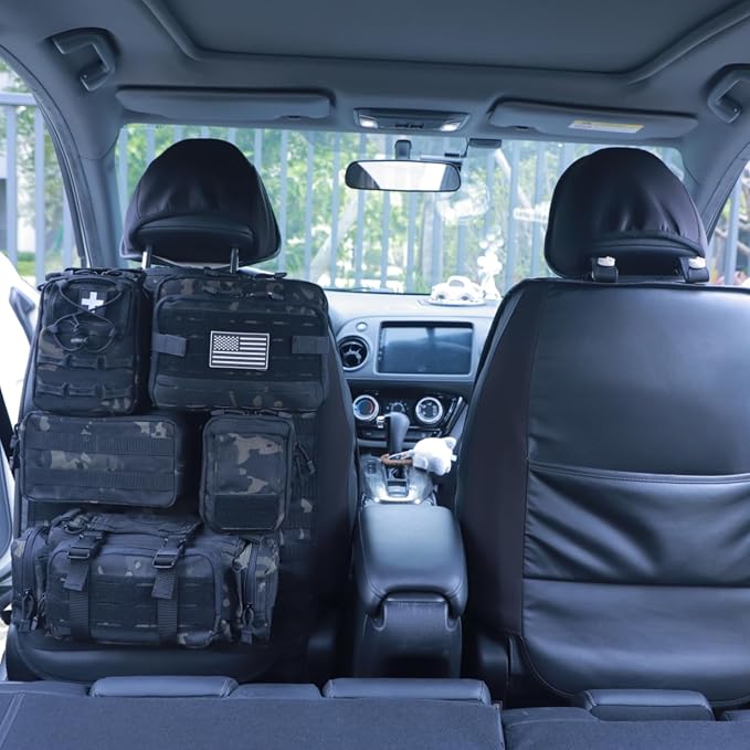 Universal Tactical Car Seat Back Organizer Bag Tactical Molle Vehicle Organizers Panel Vehicle Protector Organizers with 5 Detachable Pouches for Car Truck Ford Jeep (Upgraded C model Black camo) - Image 4
