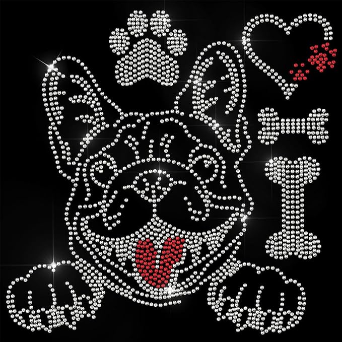 5 Pcs Bulldog Pattern Iron on Rhinestones Transfer, Paw Print Bling Crystal Clothing Repair Applique Heat Transfer Patches for T-Shirt Vest Shoes Hat Jacket Pants Bags Decor by GOMAKERER