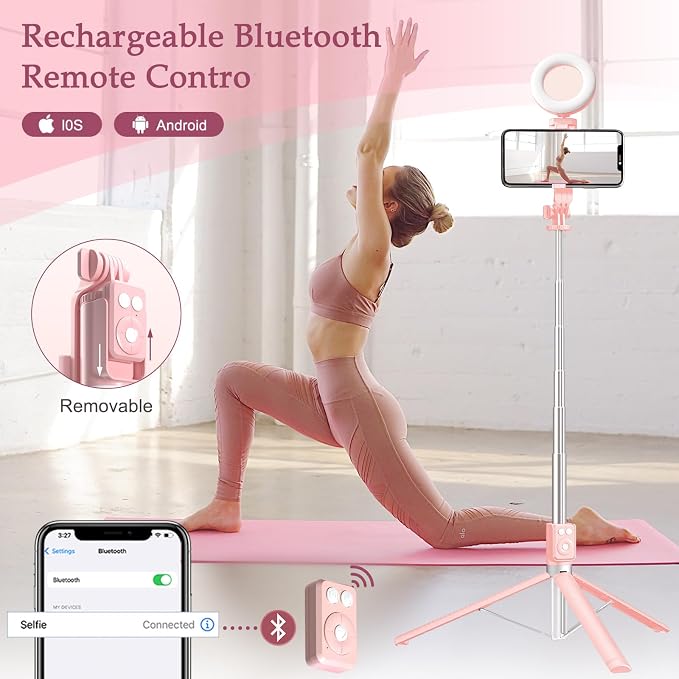 Selfie Stick Tripod with Fill Light, Phone Selfie Stick,Durable Stainless Steel Design,Bluetooth Remote Control,and Stable Three-Legged Support for Live Broadcasts,Video Shooting (Pink) - Image 7