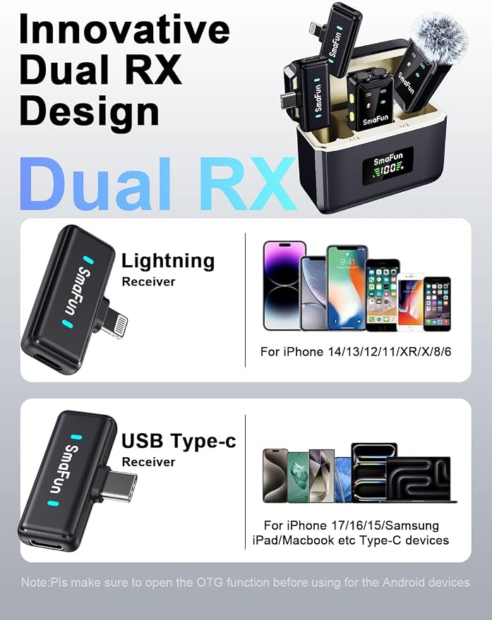 Wireless Microphone for iPhone Android, SmaFun TwinCast S2 Lavalier Microphone, 2 Mics 2 Receivers with Lightning USB-C, Noise Cancelling Clip On Mic, 48H Charging Case, 328FT for Video TikTok YouTube - Image 3