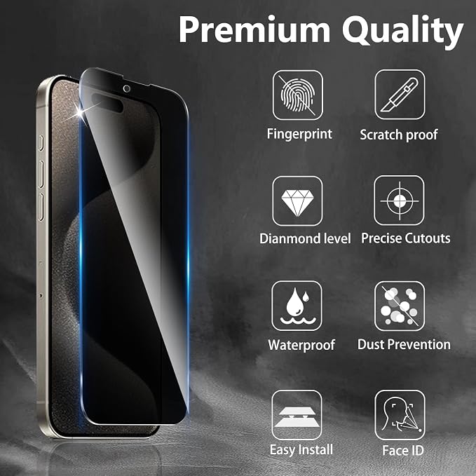 3 Pack Privacy Screen Protector Designed for iPhone 15 Pro Max,Full Coverage Anti-Spy Tempered Glass Film,9H Hardness,Anti-Fingerprint,Bubble Free,Easy to Install - Image 3