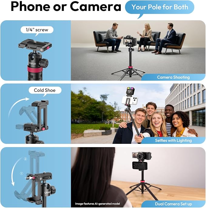 ULANZI MT-44B Phone Tripod, 59'' Auto Open Phone Stand Dual Camera Set up | 360° Ball Head, Extendable Selfie Stick w Cold Shoe, Stable Four-Leg for Filming Vlog Travel, Family Gatherings - Image 7