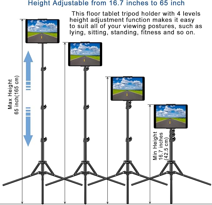 Ipad Tripod Stand, with 65 inch Height Adjustable iPad Stand Holder & iPad Floor Stand with 360° Rotating iPad Tripod Mount for iPad Pro, iPhone, Kindle, and All 4.5-12.9 Inch Tablets - Image 5
