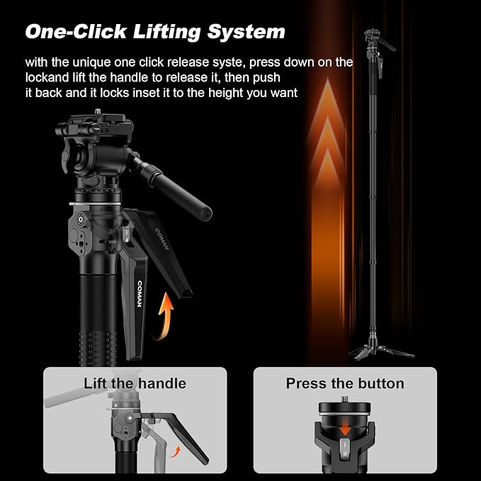 M1mini Carbon Fiber Monopod for Camera, 4-Section One-Button Quick Release, Portable Camera Monopod with V1 Fluid Head for DSLR Mirrorless Cameras, Max Load 5kg, (M1mini-V1) - Image 2