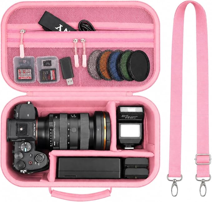 Camera Case for Canon EOS Rebel T7/R50/R100/for Sony a7iv/Mirrorless | EVA hard shell, Oxford fabric, 4 adjustable dividers and 3 mesh pockets for camera travel and home storage-Pink (Case Only) by Grapsa