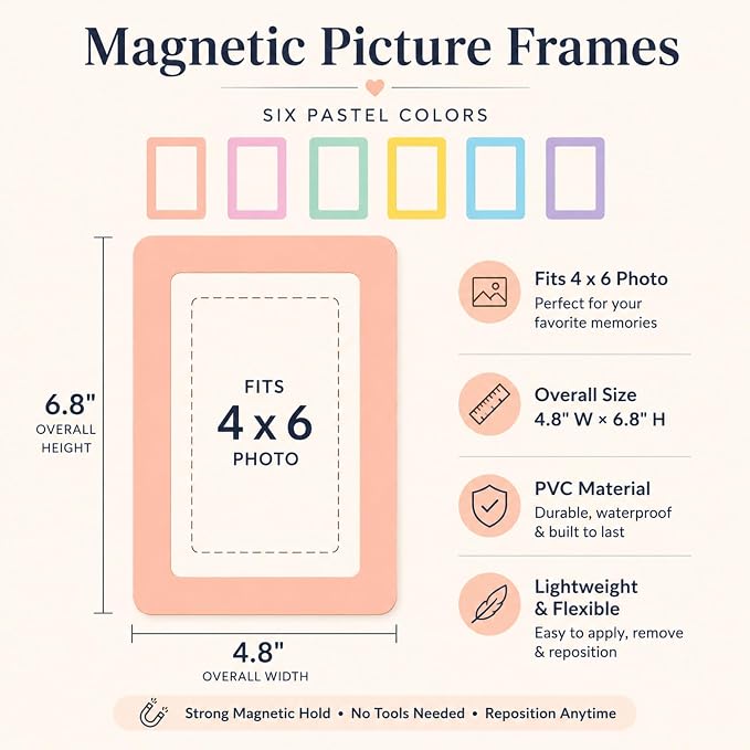 12 Pack Pastel Magnetic Picture Frames 4x6 - Macaron Soft Tones Minimalist Magnet Photo Borders for Refrigerator, Locker, Classroom & Office Decor - Open Face Aesthetic Home Accessories - Image 2