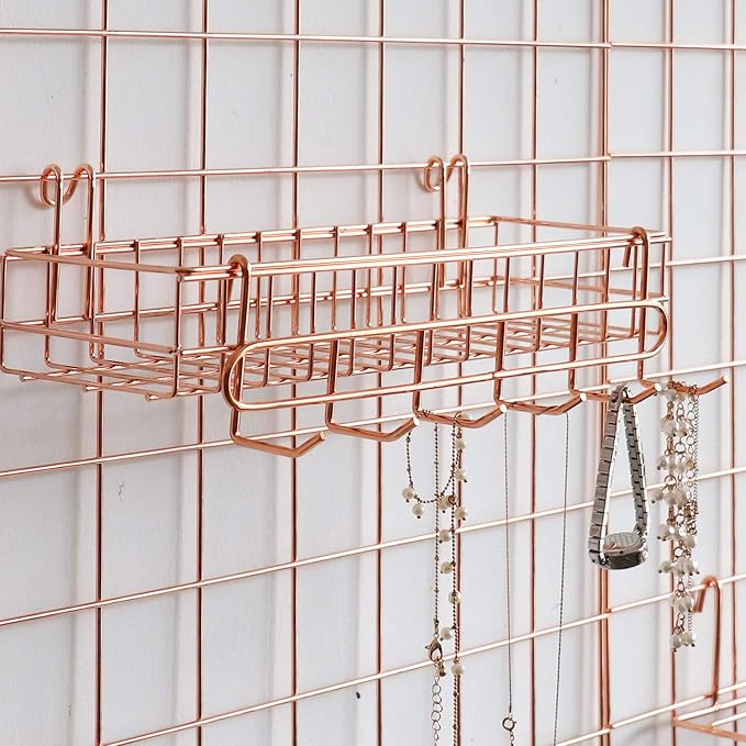 Wall Grid Panel for Photo Display,Wall Storage Organizer ,5 Metal Clips & 3 S Hooks & 4 Nails & 4 Plastic Hanging Buckles and 4 Screws Offered,Size 17.5" x 11.8",2 Pack(Rose Gold) - Image 4